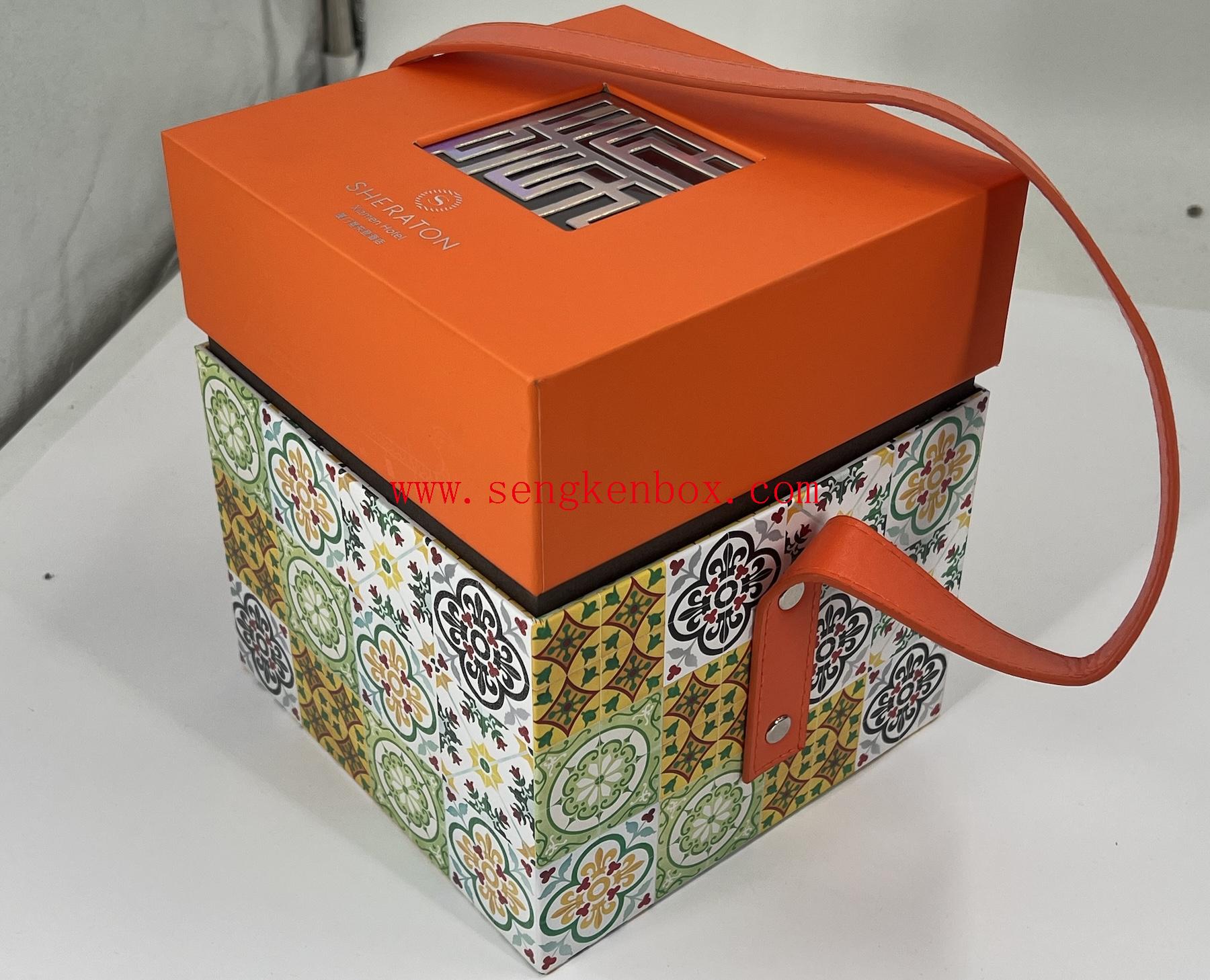 Подарочная коробка с крышкой и основанием для упаковки шоколада с кожаной ручкой
